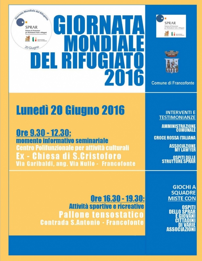 Sprar Francofonte, invito alla "Giornata Mondiale del Rifugiato"